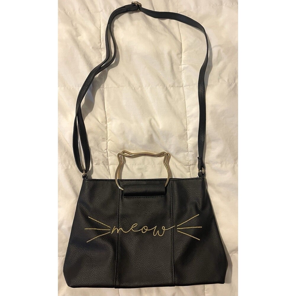 Black Purse Gold Meow Whiskers Crossbody Bag Metal Cat Handles Adjustable Strap